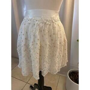 Jayuro Pearl Embroidered Lace Skirt Cream Polka Dot Tulle Midi Romantic Boho